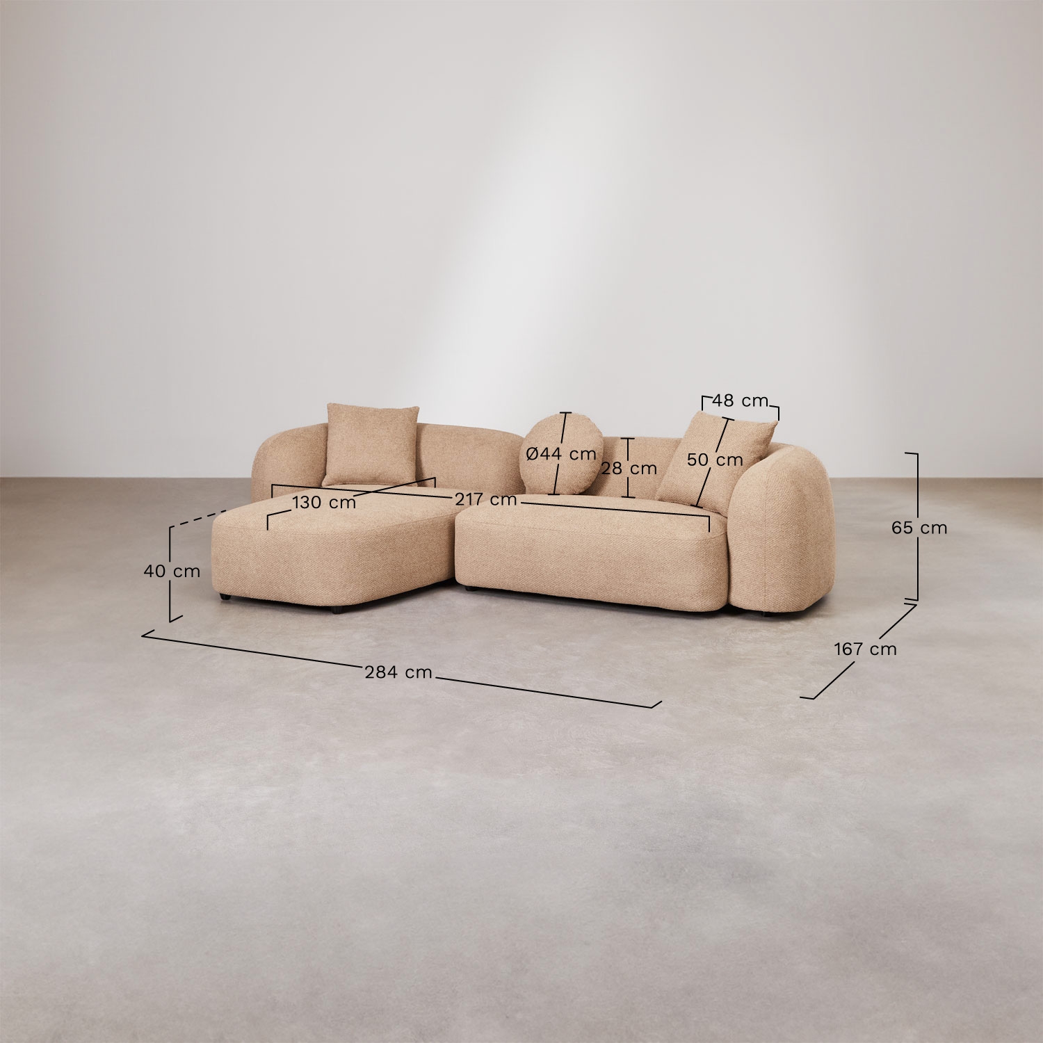 Divano modulare chaise longue sinistro a 2 pezzi in ciniglia Coco, MISURE