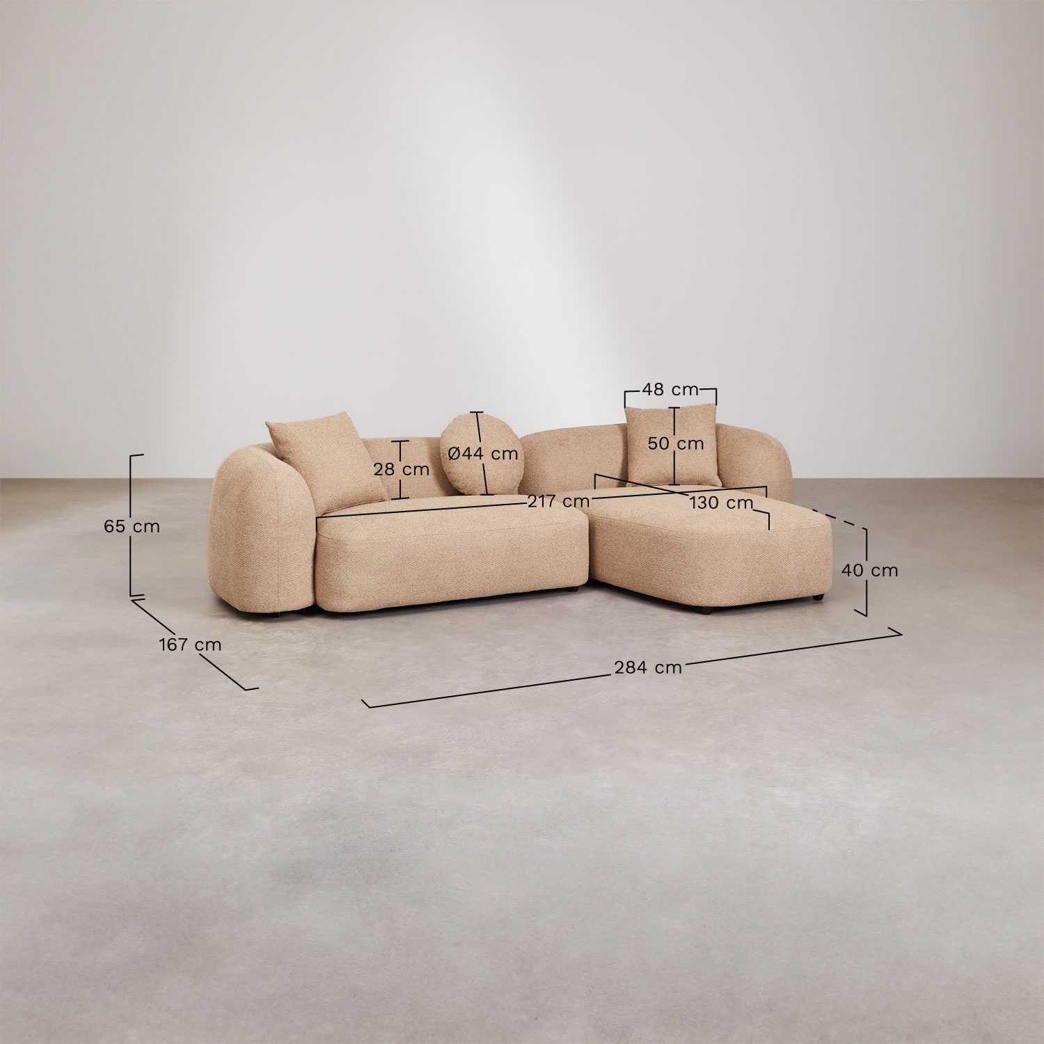 Divano modulare chaise longue destro a 2 pezzi in ciniglia Coco, MISURE