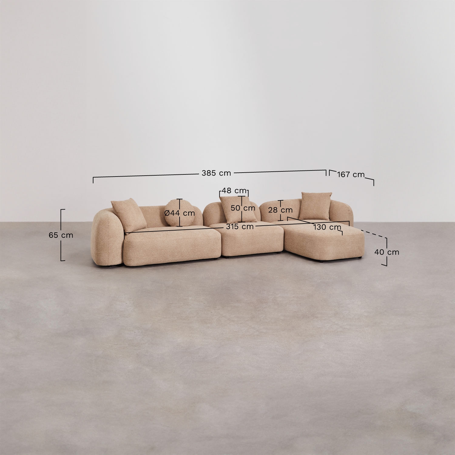 Divano modulare chaise longue destro a 3 pezzi in ciniglia Coco, MISURE