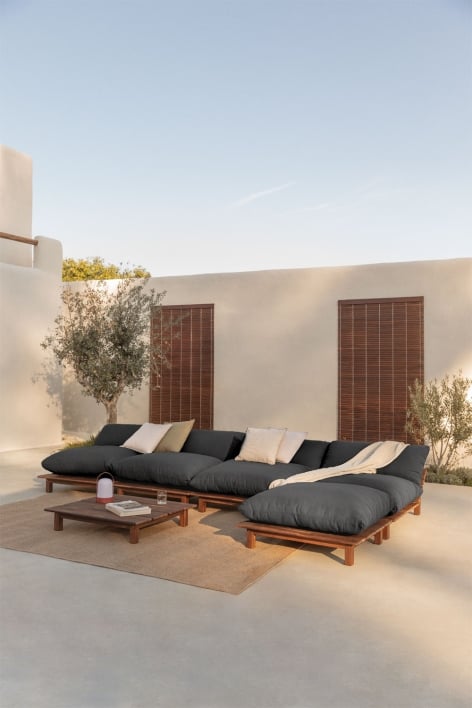 Set da giardino con divano modulare reclinabile a 4 pezzi, tavolino da caffè e pouf in legno di acacia Brina