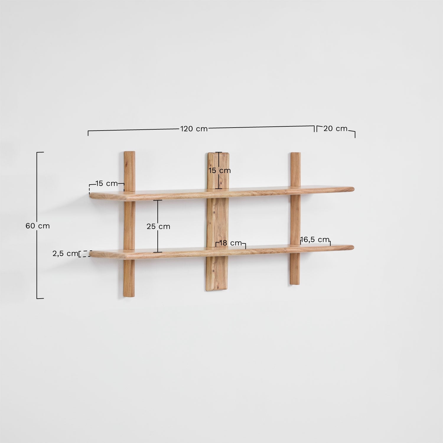 Libreria da parete ↔︎120 cm in legno di acacia Erisu, MISURE