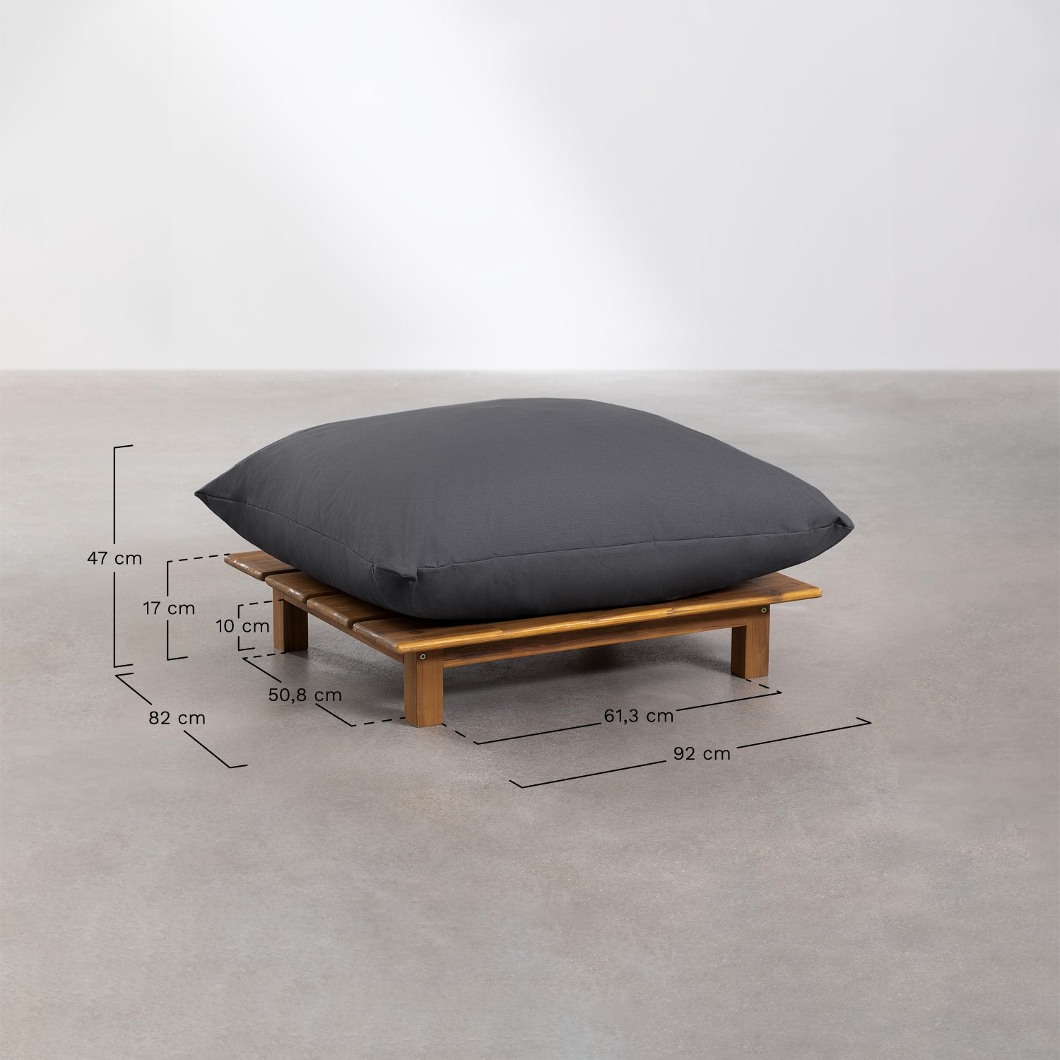Set soggiorno con divano modulare reclinabile a 4 pezzi, tavolino da caffè e pouf in legno di acacia Brina, MISURE