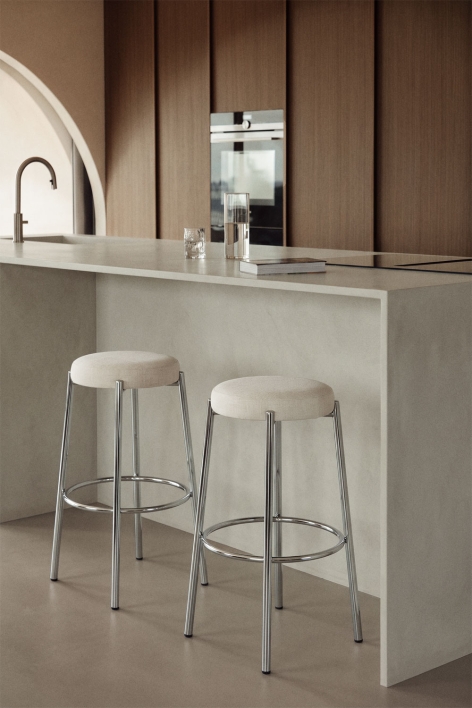 Sgabello alto imbottito e in ferro Zantria - Ciniglia Beige Crema