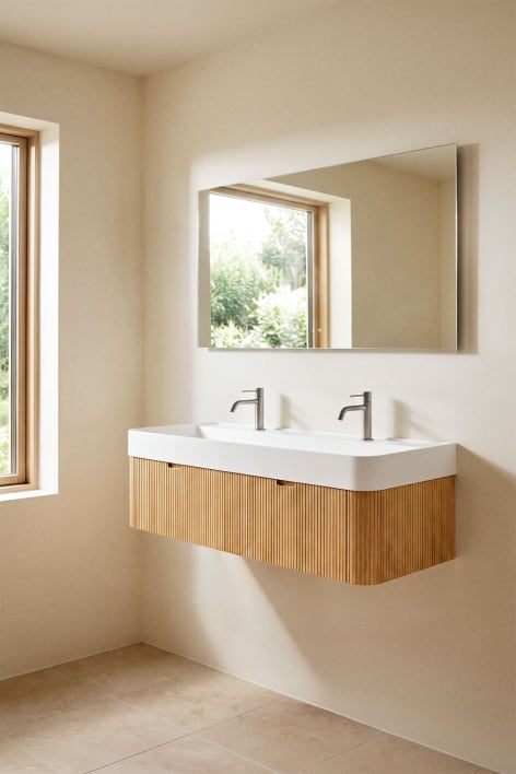 Set di mobili da bagno sospesi 130x45 cm in legno con lavabo integrato Saioa - Legno Naturale