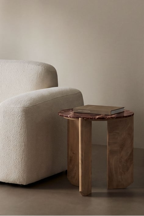 Tavolino laterale rotondo Ø50 cm in pietra naturale e legno di mango Lavinia
