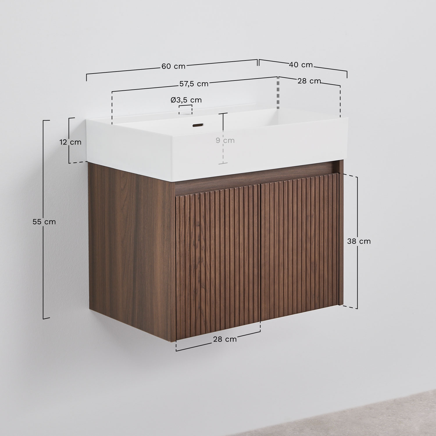 Set di mobili da bagno sospesi 60x40 cm in legno con lavabo integrato Genevie, MISURE