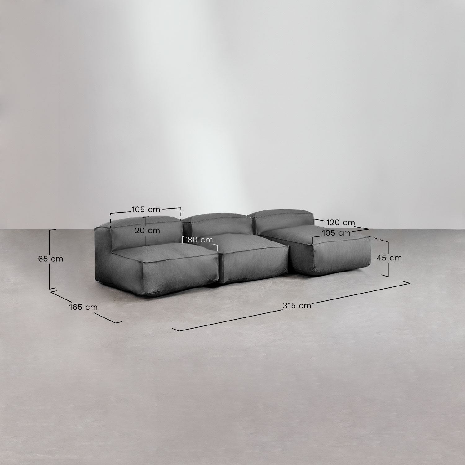 Divano modulare chaise longue da 3 pezzi per giardino Dojans, MISURE