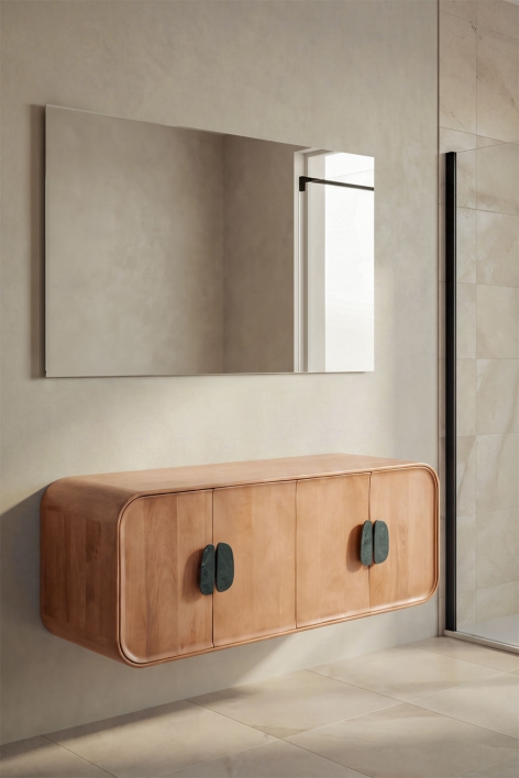 Set di mobili da bagno doppio sospeso 130x45 cm in legno di mango e pietra naturale Kivalina - Marmo verde Udaipur - Legno di mango