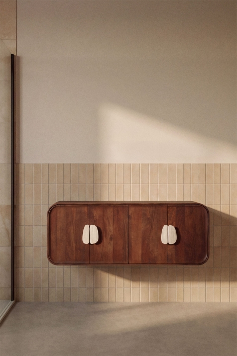 Set di mobili da bagno doppio sospeso 130x45 cm in legno di mango e pietra naturale Kivalina - Travertino - Legno di mango scuro