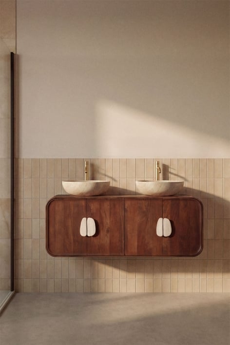 Set di mobili da bagno doppio sospeso 130x45 cm in legno di mango e pietra naturale Kivalina - Travertino - Legno di mango scuro