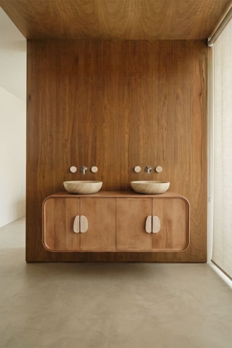 Set di mobili da bagno doppio sospeso 130x45 cm in legno di mango e pietra naturale Kivalina - Travertino - Legno di mango