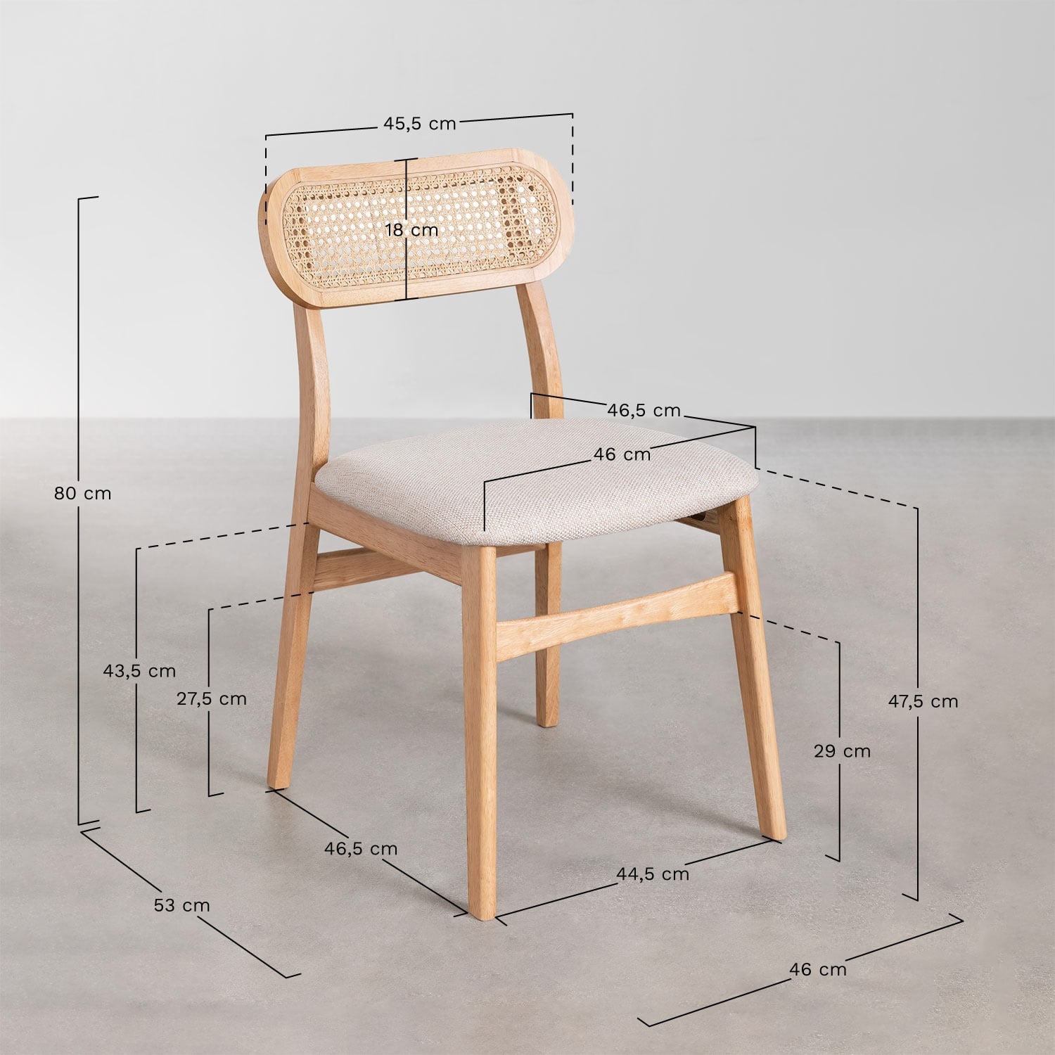 Pack di 2 sedie da pranzo imbottite in tessuto e legno Leivel, MISURE