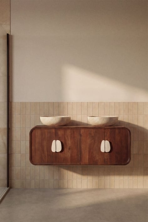Set di mobili da bagno doppio sospeso 130x45 cm in legno di mango e pietra naturale Kivalina - Travertino - Legno di mango scuro
