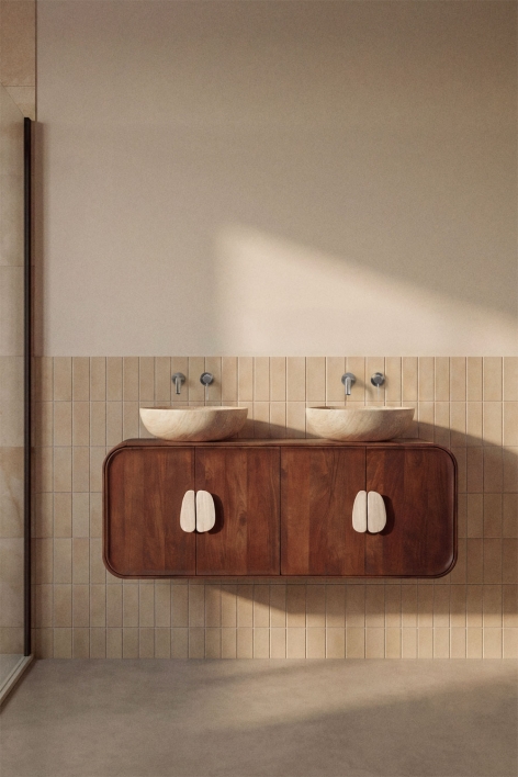 Set di mobili da bagno doppio sospeso 130x45 cm in legno di mango e pietra naturale Kivalina - Travertino - Legno di mango scuro
