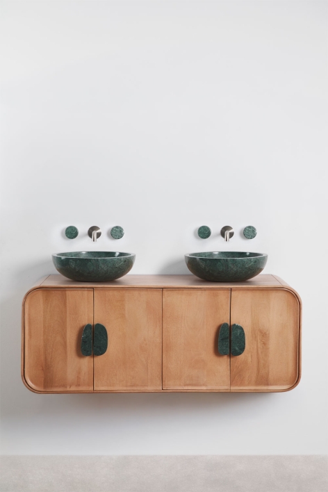 Set di mobili da bagno doppio sospeso 130x45 cm in legno di mango e pietra naturale Kivalina - Marmo verde Udaipur - Legno di mango
