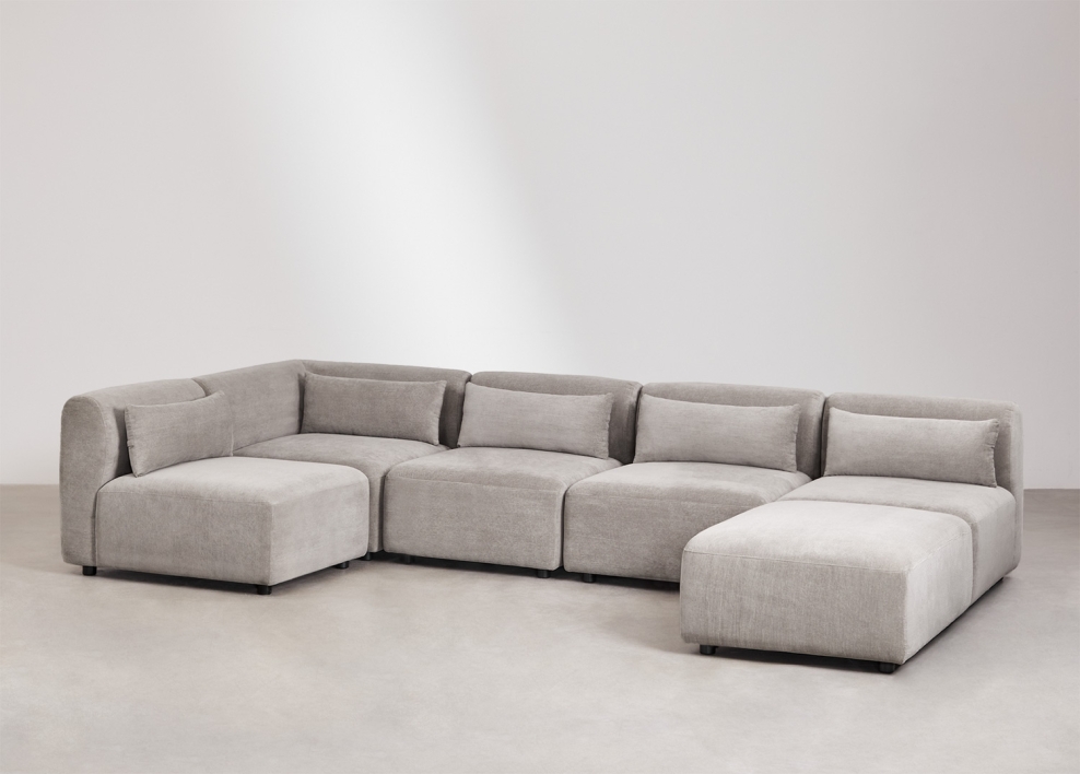 Divano modulare angolare a 5 pezzi con pouf Fogler - Velluto a coste Grigio Talpa Chiaro
