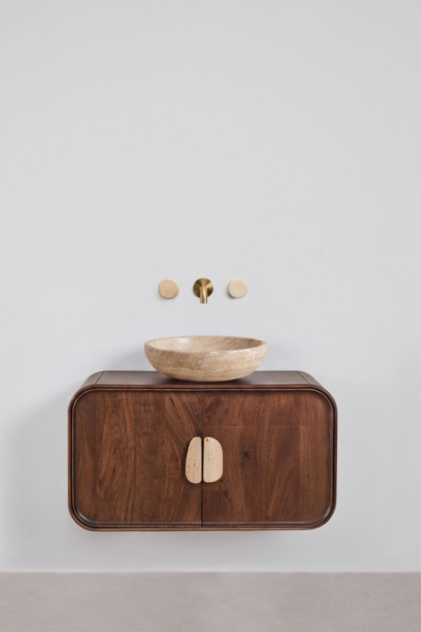 Set di mobili da bagno sospesi 95x45 cm in legno di mango e pietra naturale Kivalina - Travertino - Legno di mango scuro