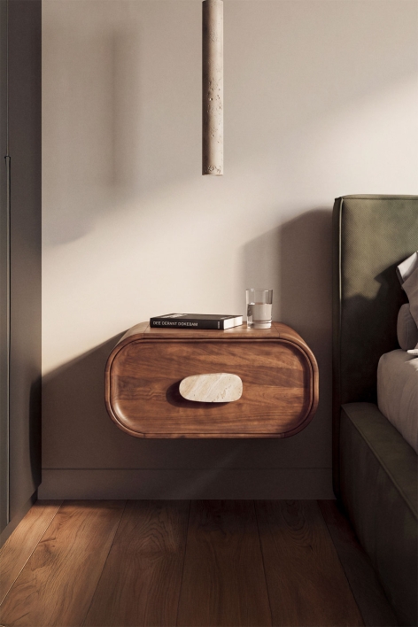 Set di 2 comodini sospesi 50x35 cm in legno di mango e pietra naturale Kivalina - Travertino - Legno di mango scuro