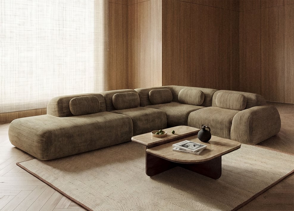 Divano modulare angolare a 4 pezzi con chaise longue sinistra in ciniglia confezionato sottovuoto Mérida - Ciniglia Spessa Verde Salvia