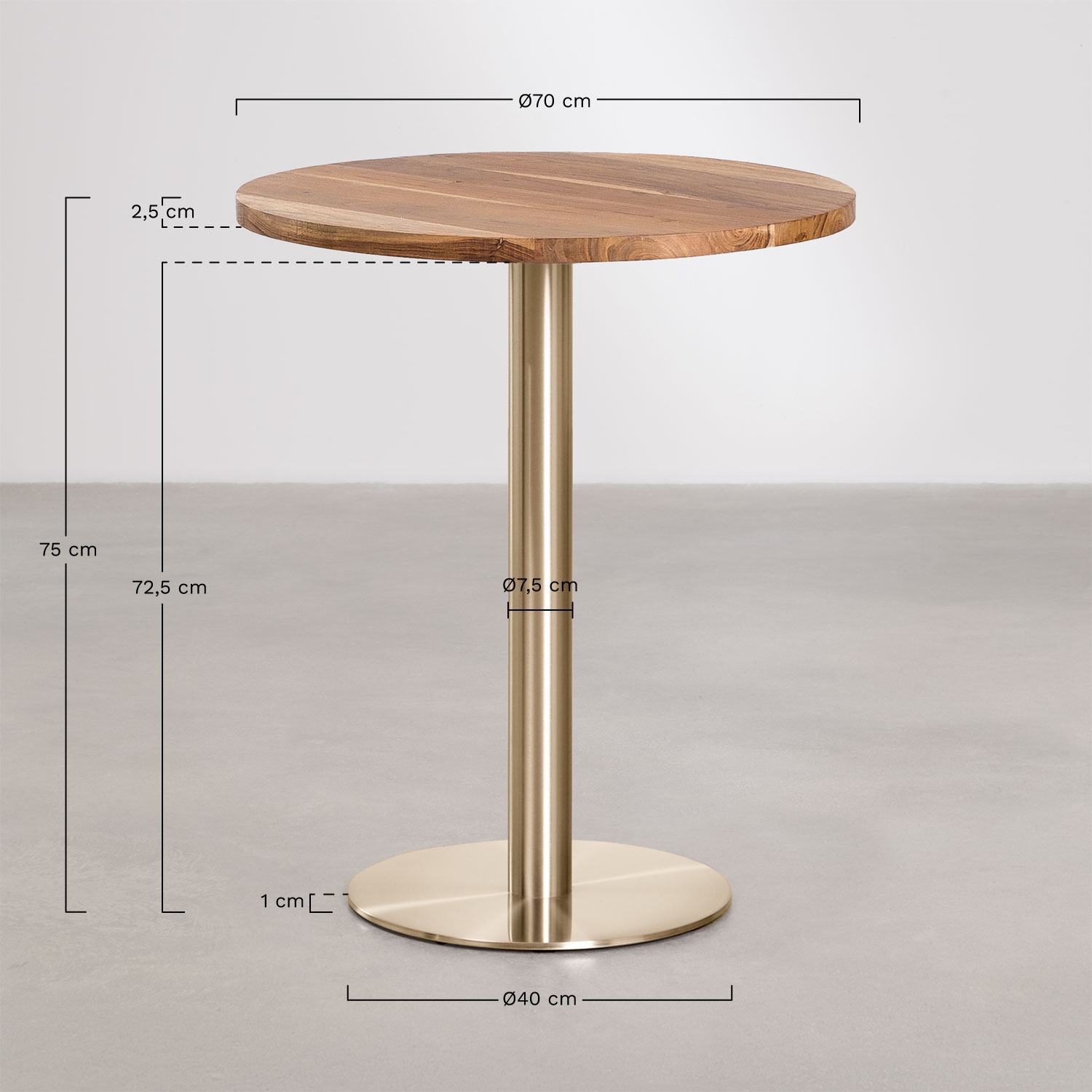 Round acacia wood bar table Xiren, MISURE