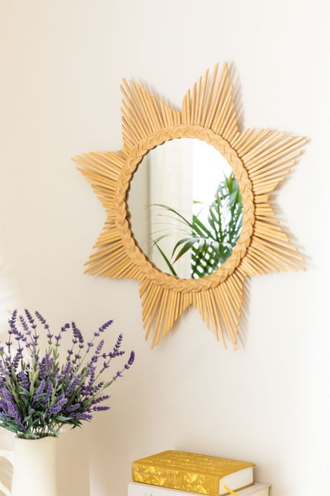 Specchio Da Parete Rotondo In Rattan Con Girasoli - Stile Boho, Decorazione In Vimini Per Soggiorno Camera