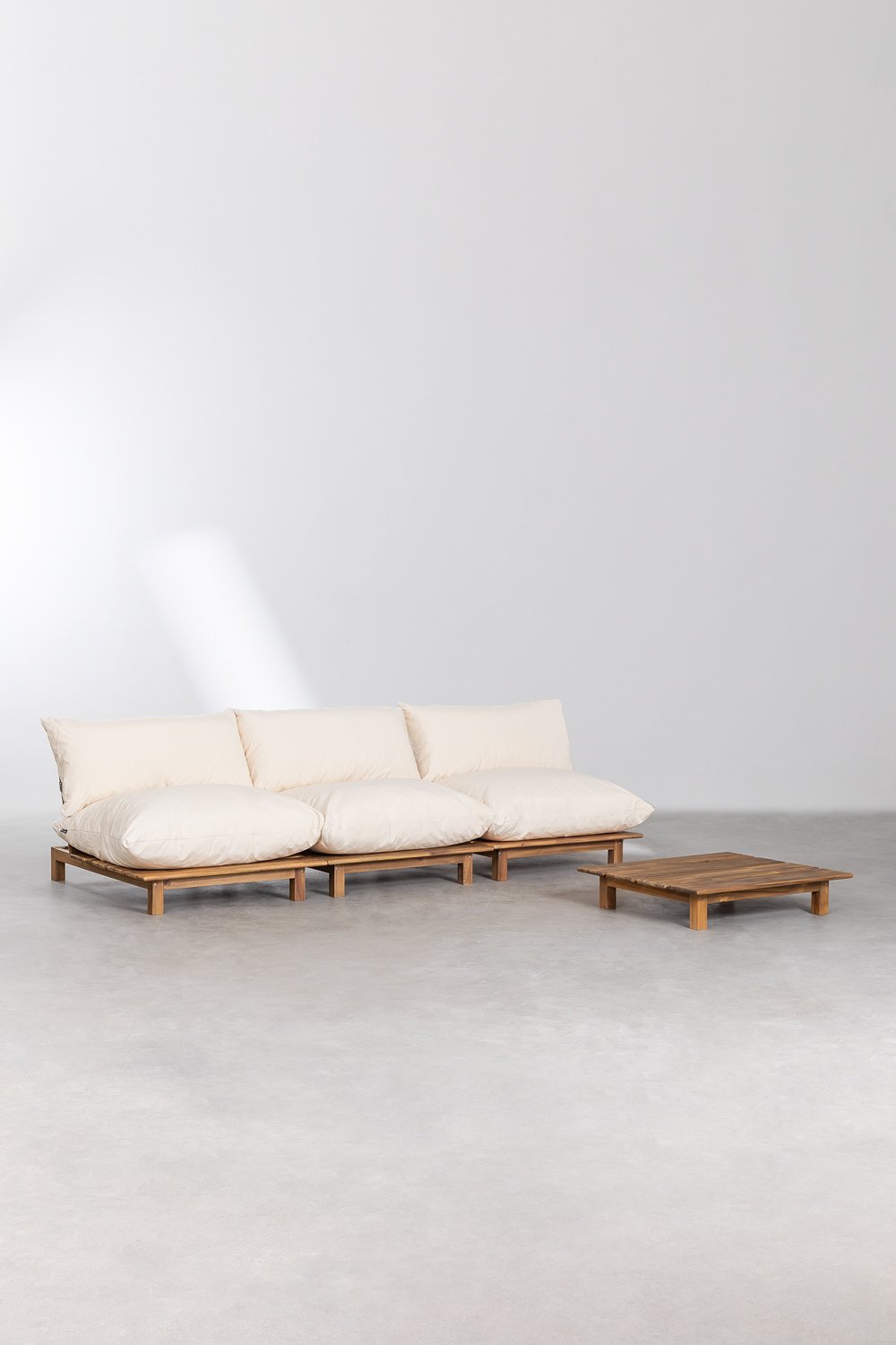 Divano modulare reclinabile in 3 pezzi con tavolino in legno di acacia Brina, immagine della galleria 1