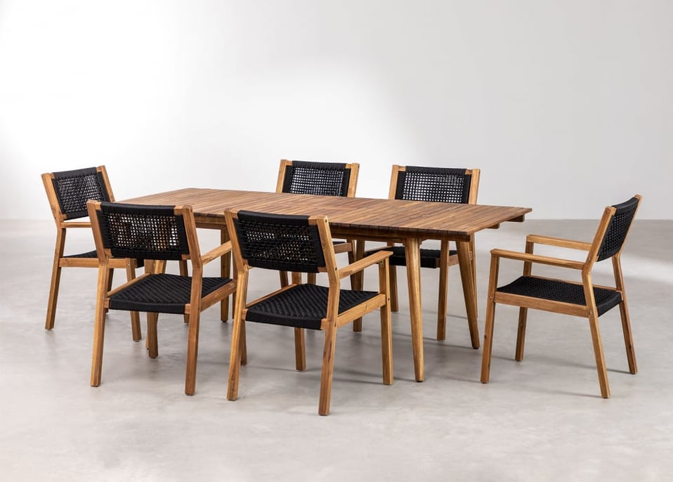 Set pranzo tavolo allungabile 150/200x100 cm e 6 sedie pieghevoli con  braccioli in legno di