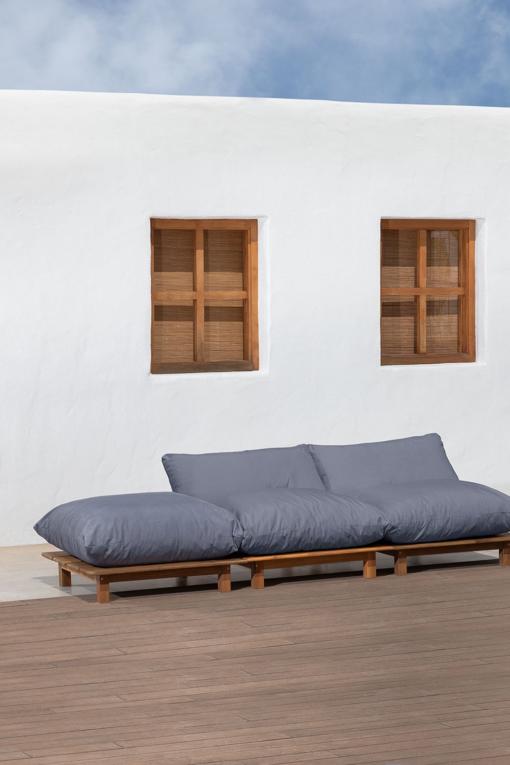 Divano da giardino reclinabile modulare in 2 pezzi con puff in legno di acacia Brina, immagine della galleria 1