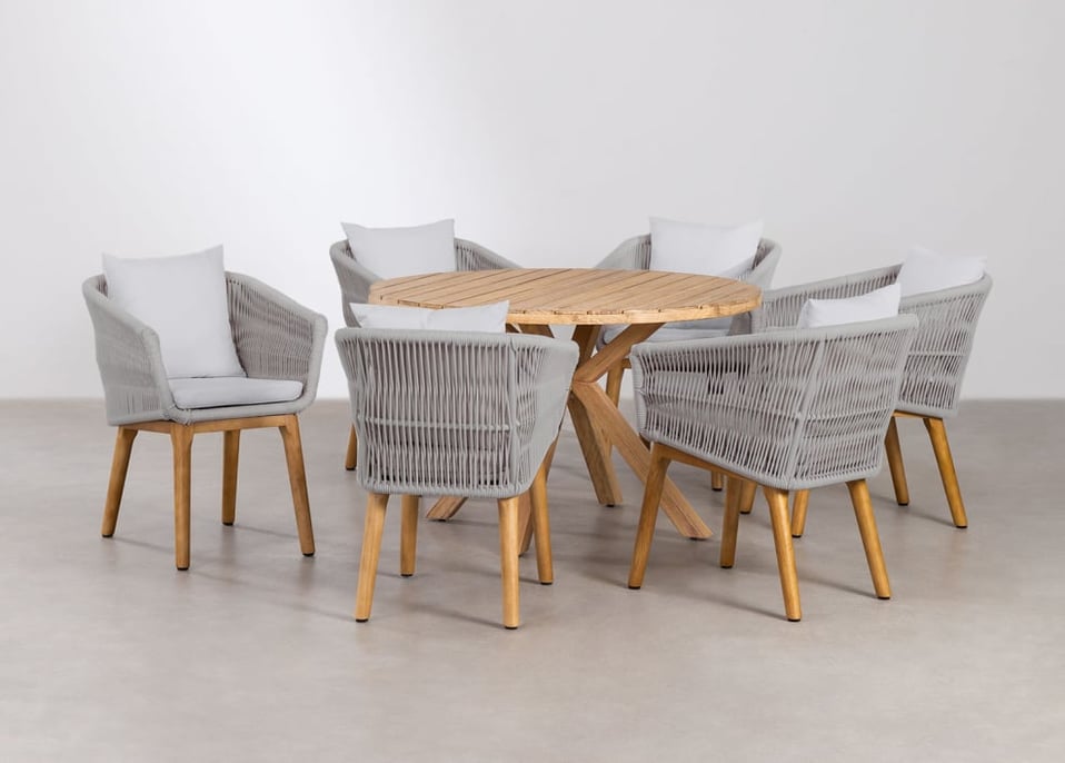 Set composto da tavolo rotondo in legno (Ø120 cm) Naele e 6 sedie da giardino Barker
