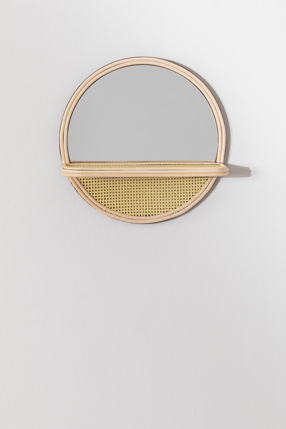 Specchio da parete rotondo con mensola in legno di pino (Ø30) Rykker, immagine della galleria 1