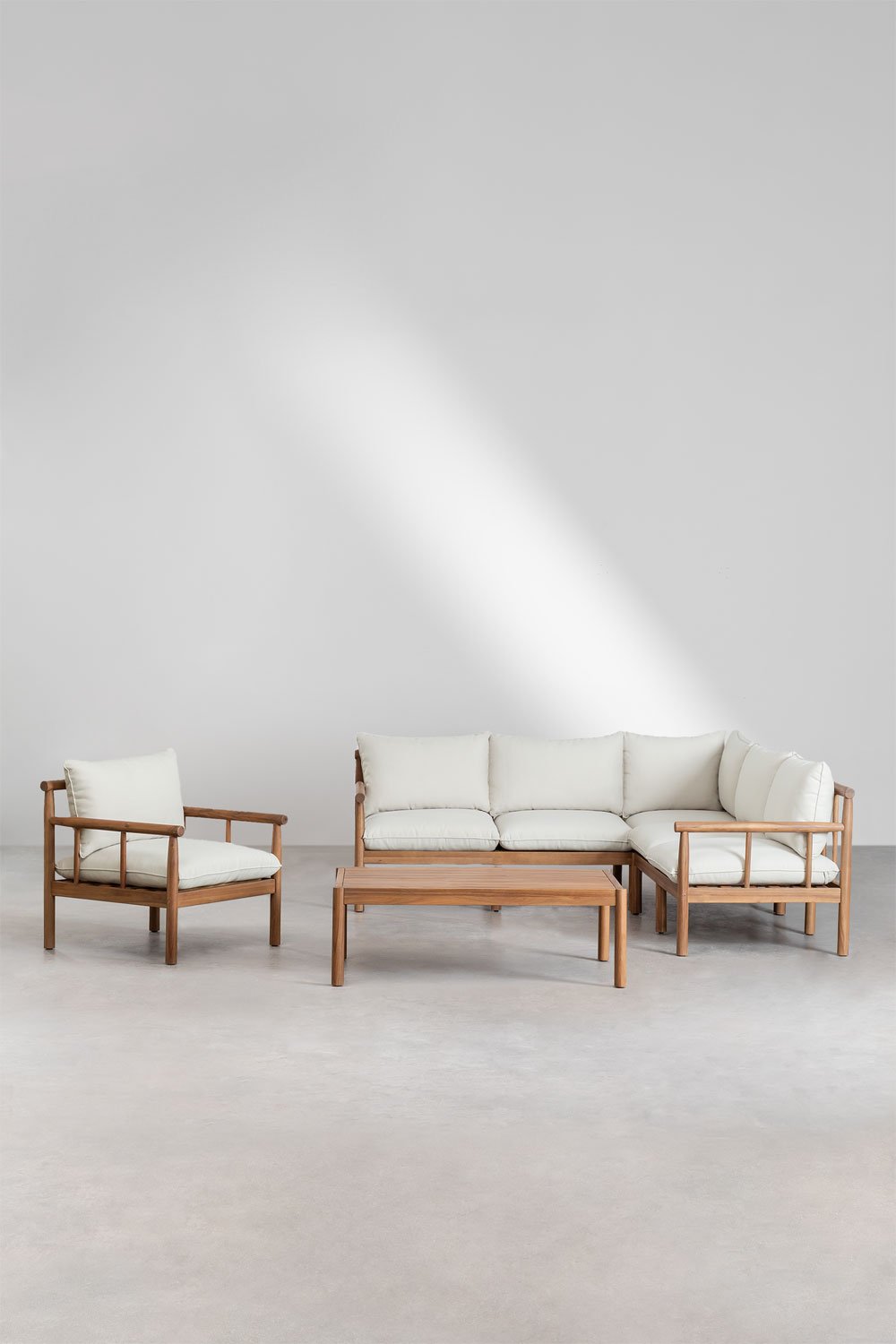 Set da soggiorno Melvin con divano 5 posti e poltrona in legno di acacia, immagine della galleria 1