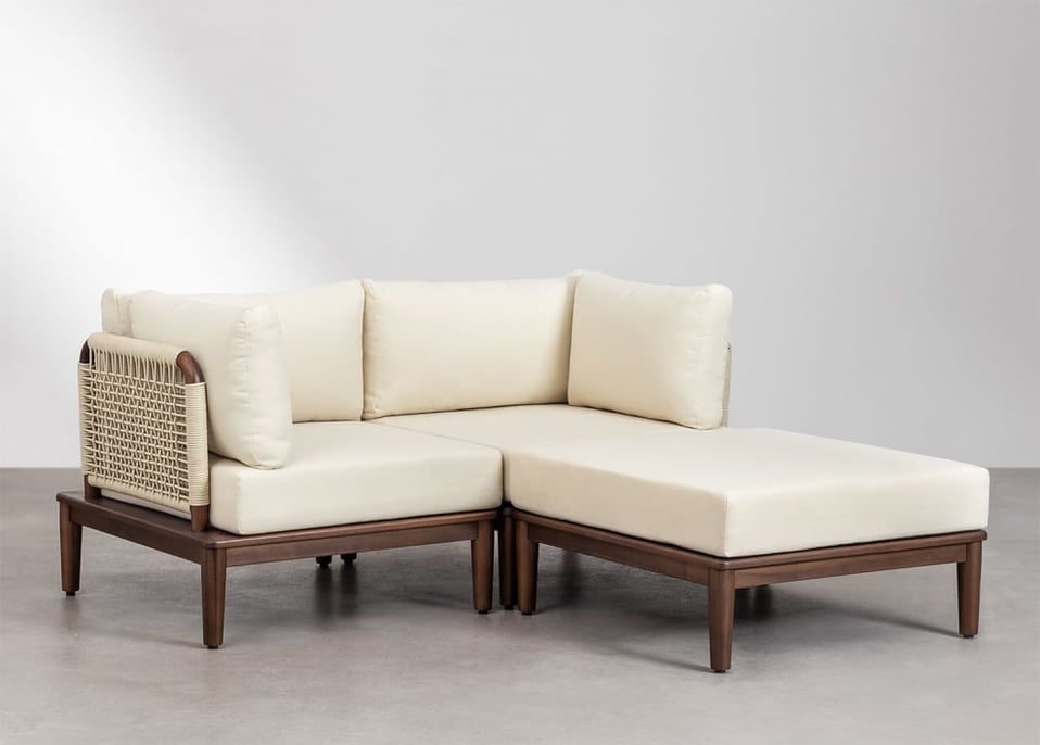 Divano da giardino componibile in 2 pezzi con 2 poltrone angolari e pouf in legno di acacia Giulia