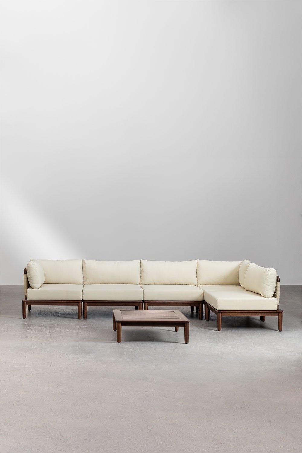 Set da giardino Giulia composto da divano angolare modulare 5 pezzi e tavolino in legno di acacia, immagine della galleria 6