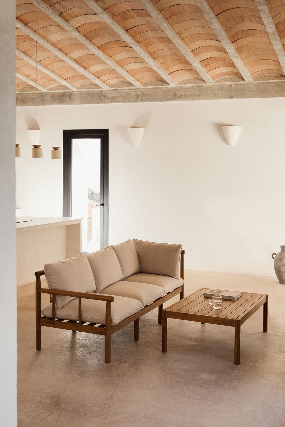 Set da soggiorno in legno di acacia con divano a 3 posti Melvin , immagine della galleria 1