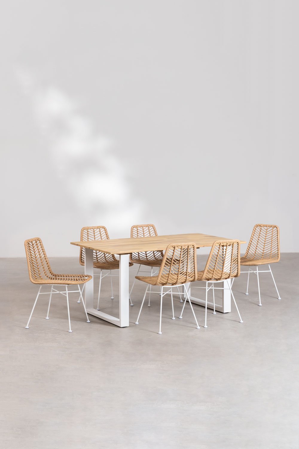 Set tavolo da pranzo in legno Melina (160x90 cm) e 6 sedie in rattan sintetico Gouda naturale, immagine della galleria 1