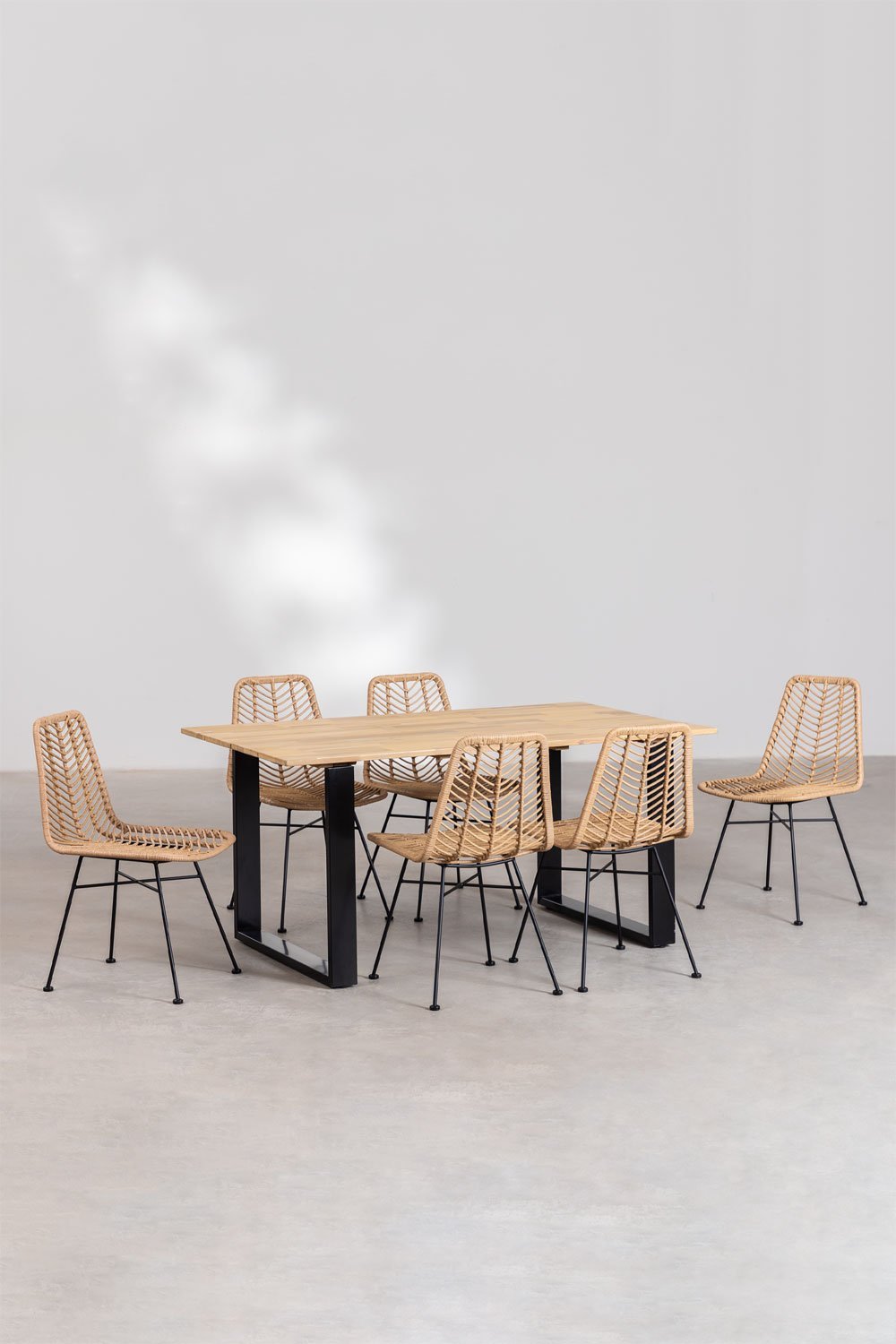 Set da pranzo in legno (160x90 cm) Melina e 6 sedie in ratán sintetico Gouda naturale, immagine della galleria 1
