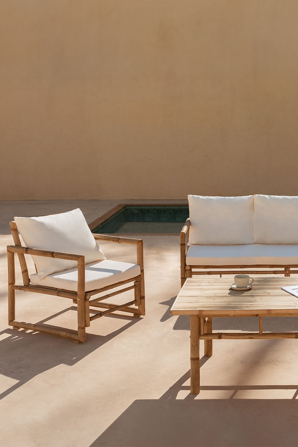 Set da giardino con divano in bambù a 3 posti Livayna, immagine della galleria 1