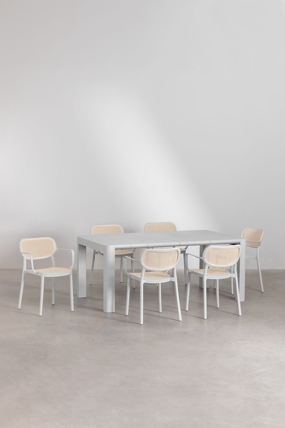 Set Tavolo Rettangolare Arnadine (180x100 cm) e 6 Sedie da Pranzo Impilabili con Braccioli Omara, immagine della galleria 1