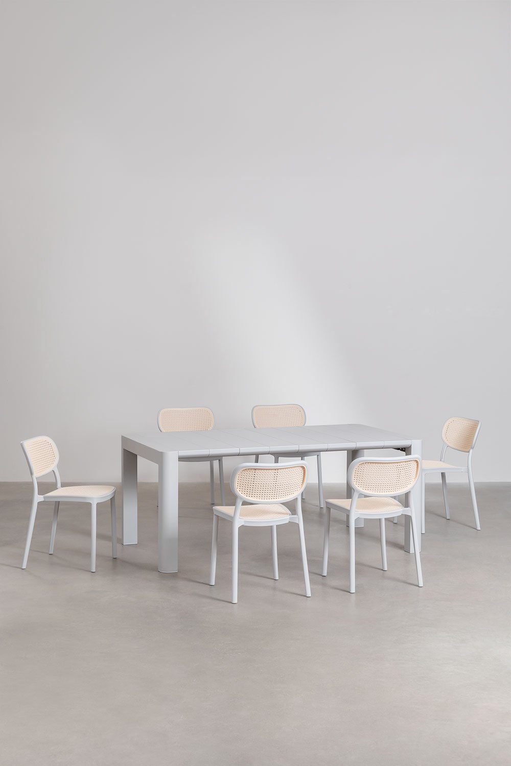 Set tavolo rettangolare Arnadine (180x100 cm) e 6 sedie da pranzo impilabili Omara, immagine della galleria 1