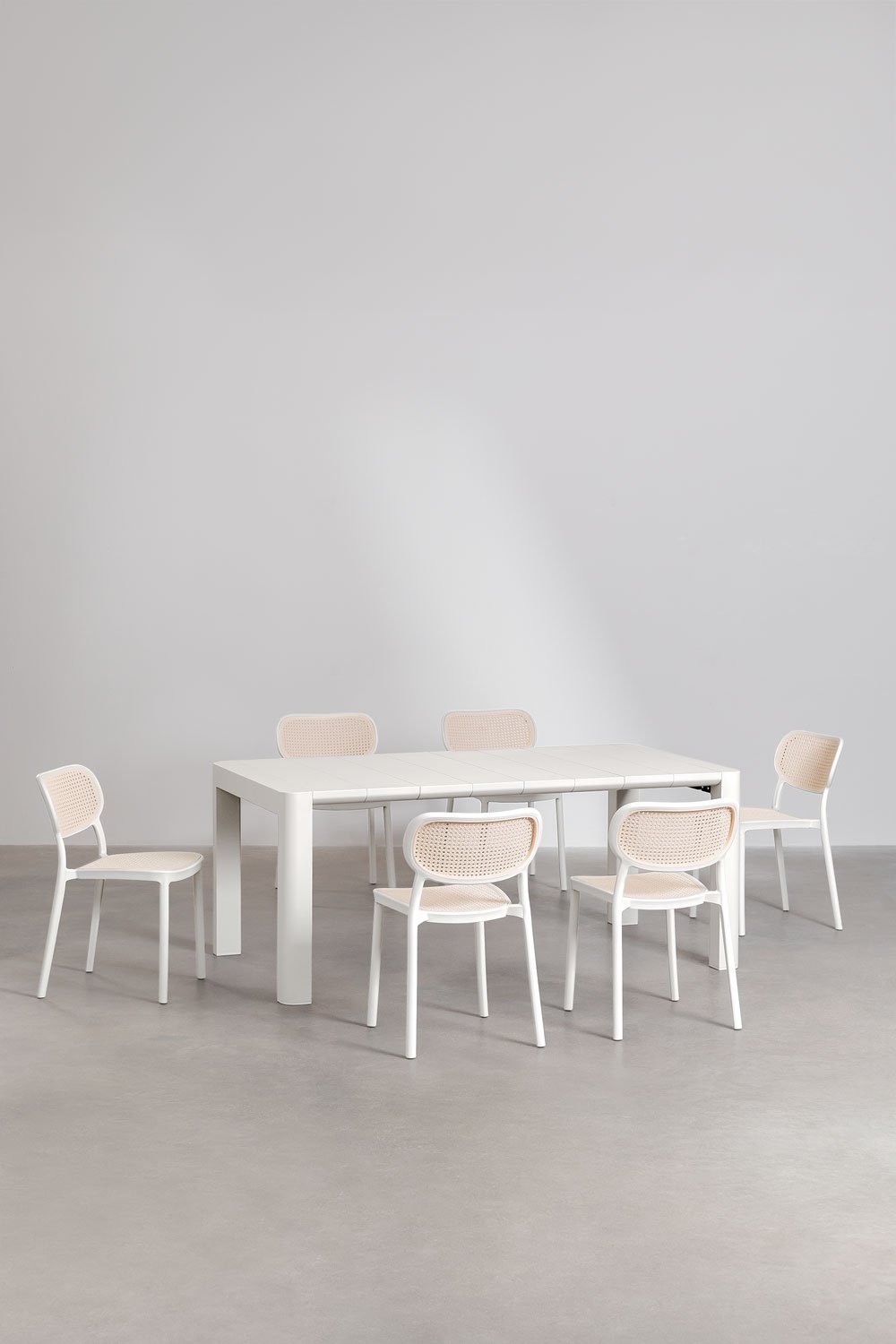 Set tavolo rettangolare Arnadine (180x100 cm) e 6 sedie da pranzo impilabili Omara, immagine della galleria 1