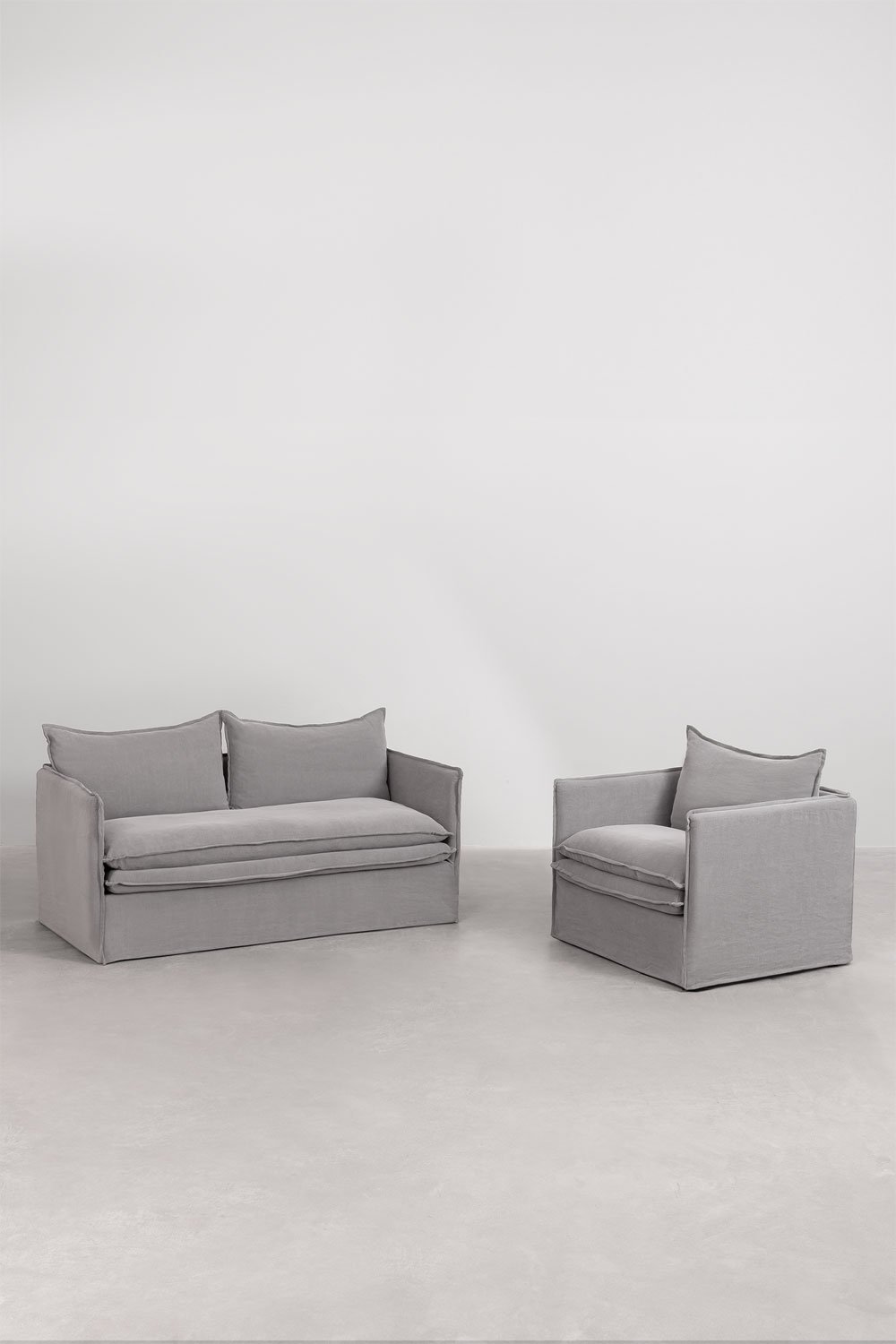 Set soggiorno con divano 2 posti e poltrona in lino e cotone Grace, immagine della galleria 1