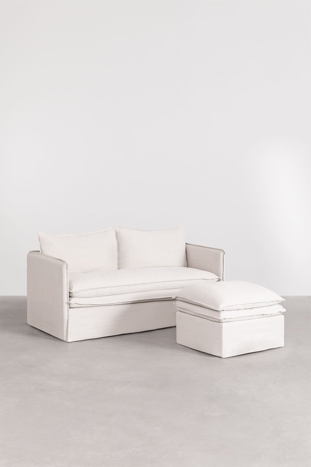 Set da soggiorno Grace in lino e cotone con divano 2 posti e pouf, immagine della galleria 3