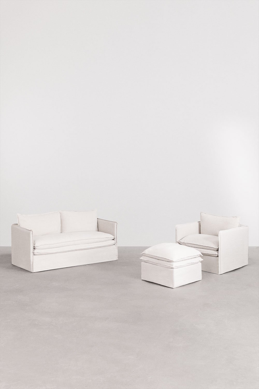 Set soggiorno con divano a 2 posti, poltrona e pouf in lino e cotone Grace, immagine della galleria 3