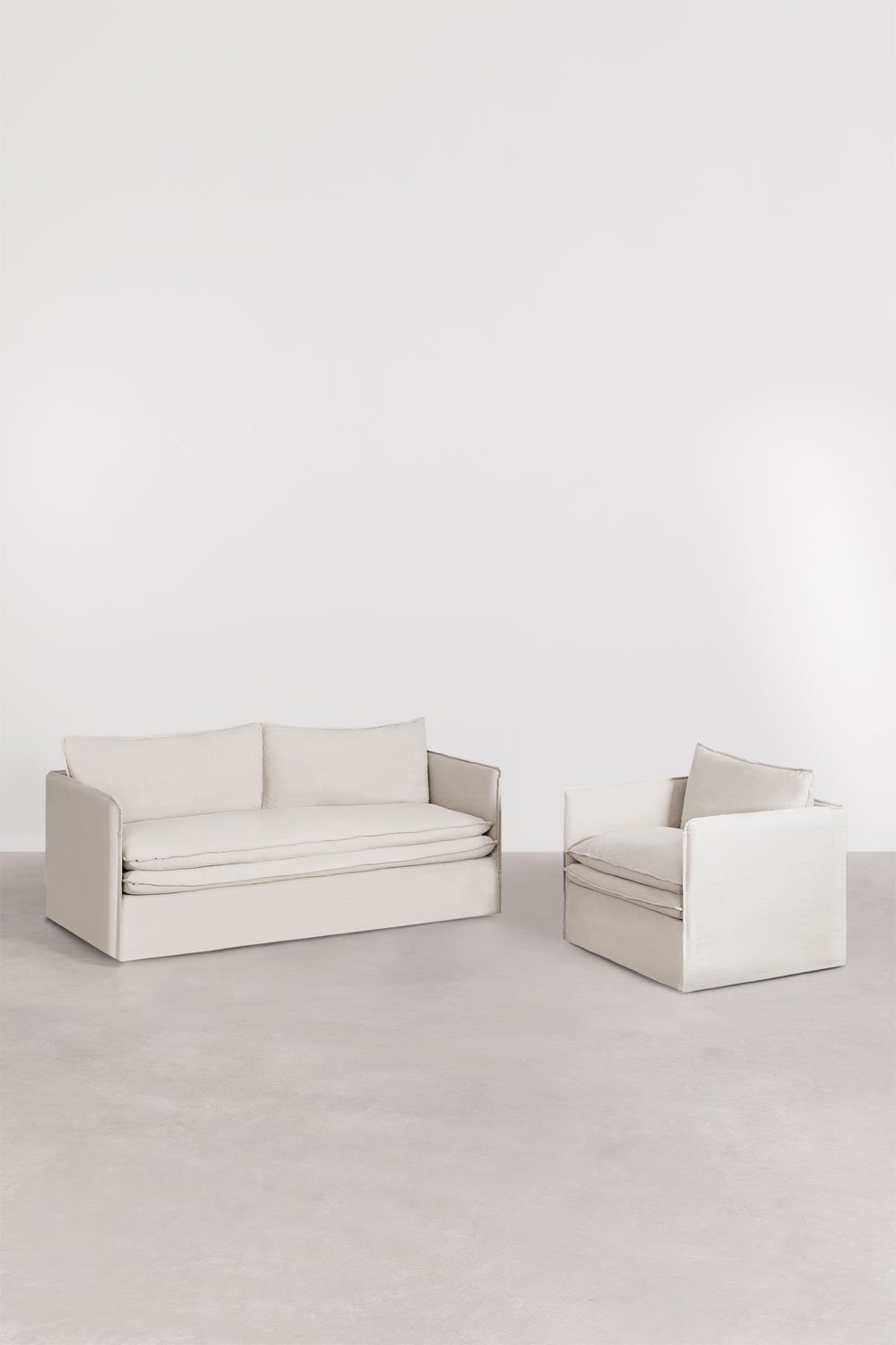 Set soggiorno con divano 3 posti e poltrona in lino e cotone Grace, immagine della galleria 1