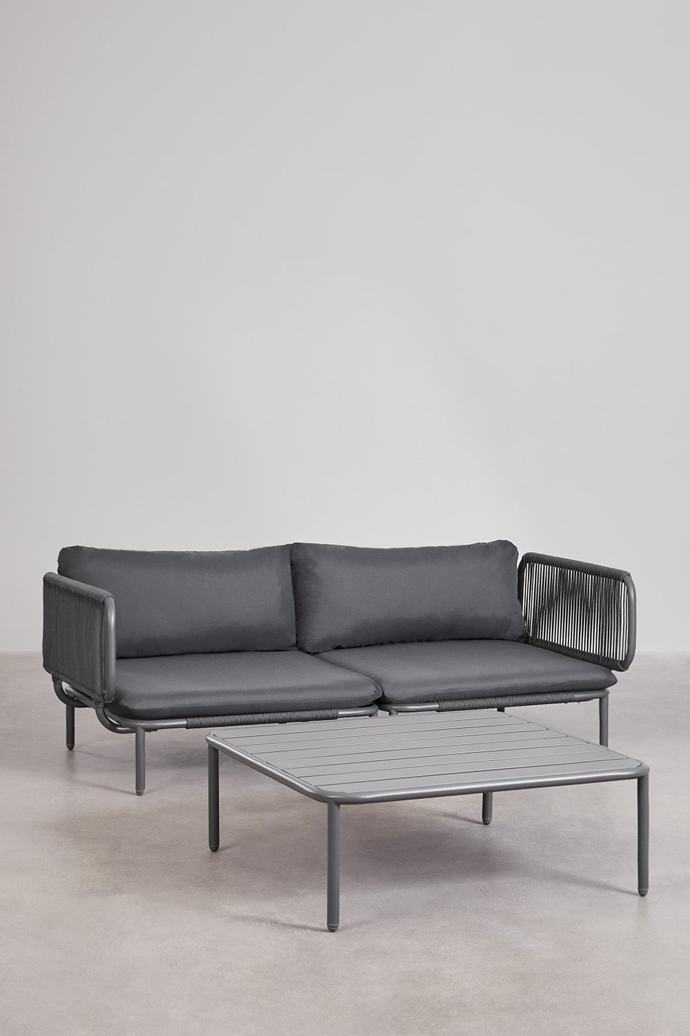 Set da giardino con divano componibile in 2 pezzi con 2 poltrone angolari e tavolino Roubly, immagine della galleria 1