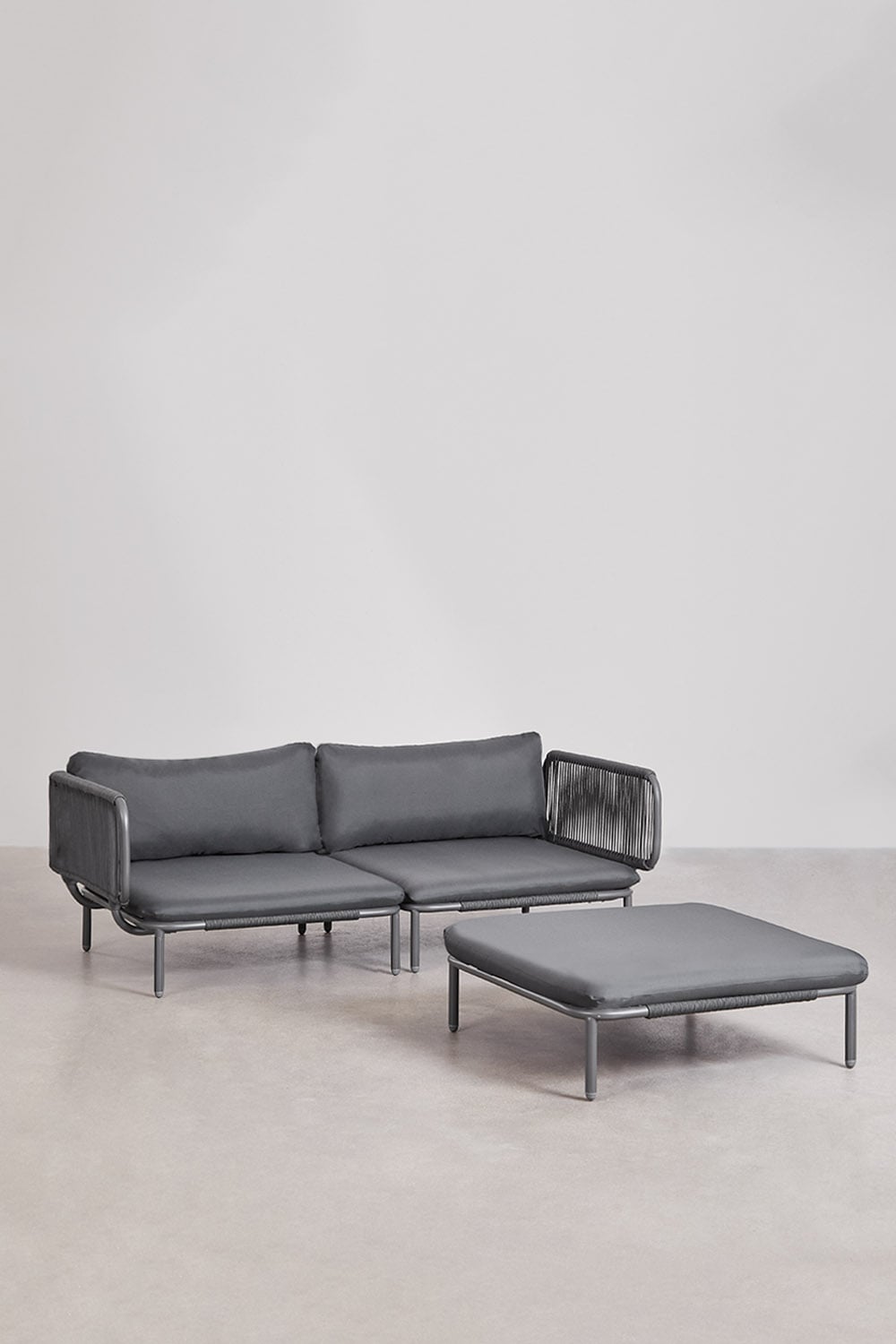 Divano modulare da giardino a 2 pezzi con 2 poltrone angolari e pouf Roubly, immagine della galleria 2