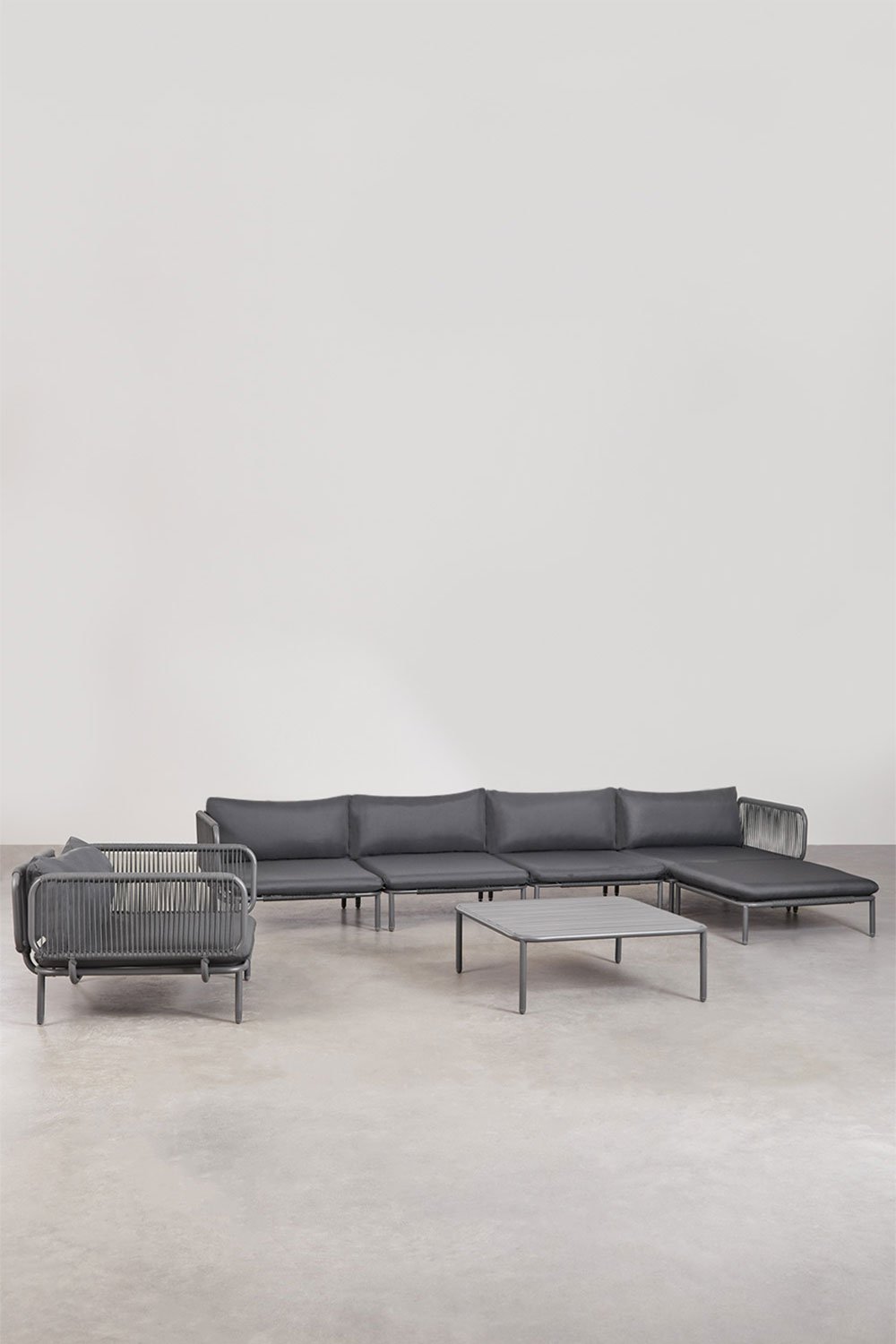 Divano da giardino componibile in 4 pezzi con 2 poltrone angolari, pouf, poltrona e tavolino Roubly , immagine della galleria 1