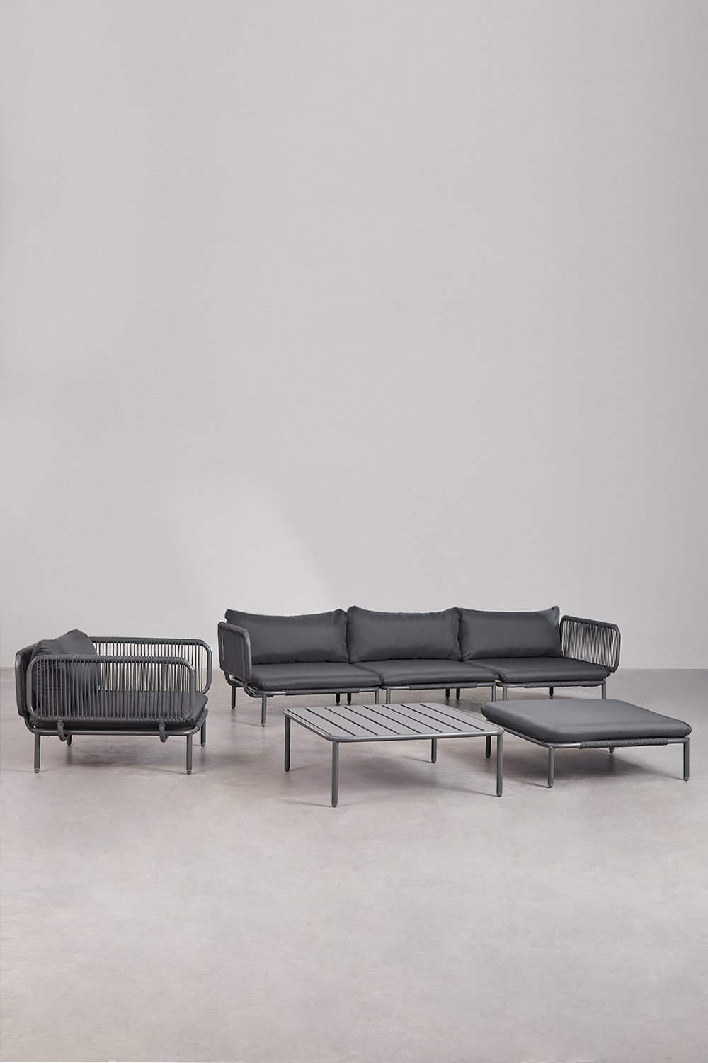 Divano da giardino componibile in 3 pezzi con 2 poltrone angolari, pouf, poltrona e tavolino Roubly , immagine della galleria 1