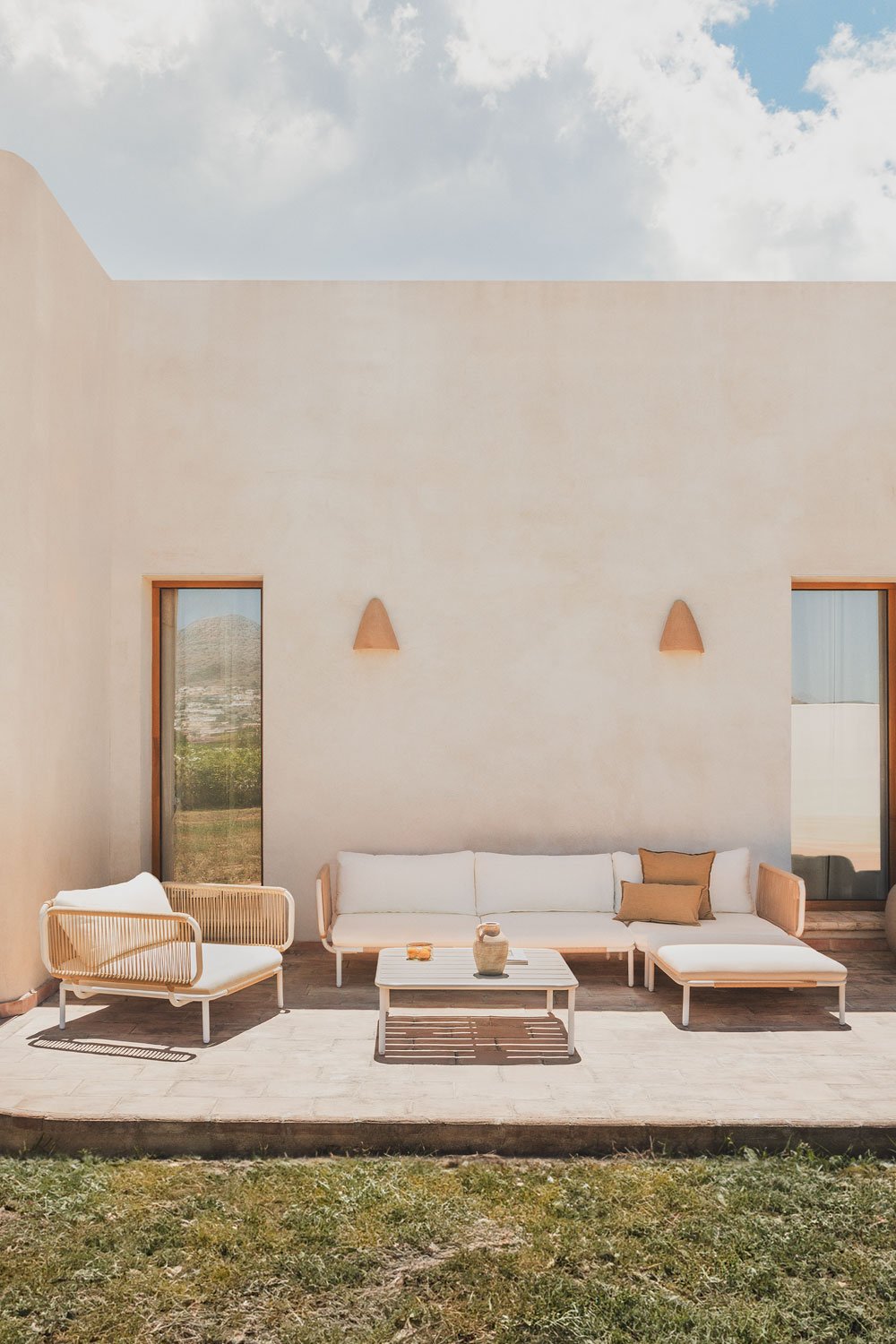 Divano da giardino componibile in 3 pezzi con 2 poltrone angolari, pouf, poltrona e tavolino Roubly , immagine della galleria 16