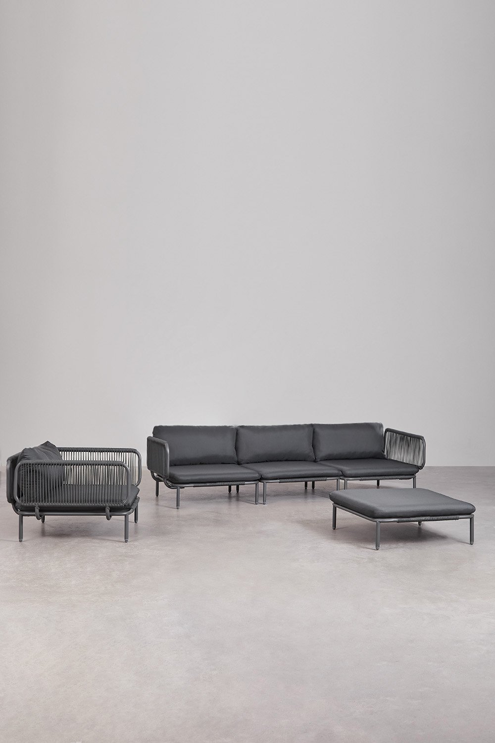 Divano da giardino componibile in 3 pezzi con 2 poltrone angolari, pouf e poltrona Roubly, immagine della galleria 1